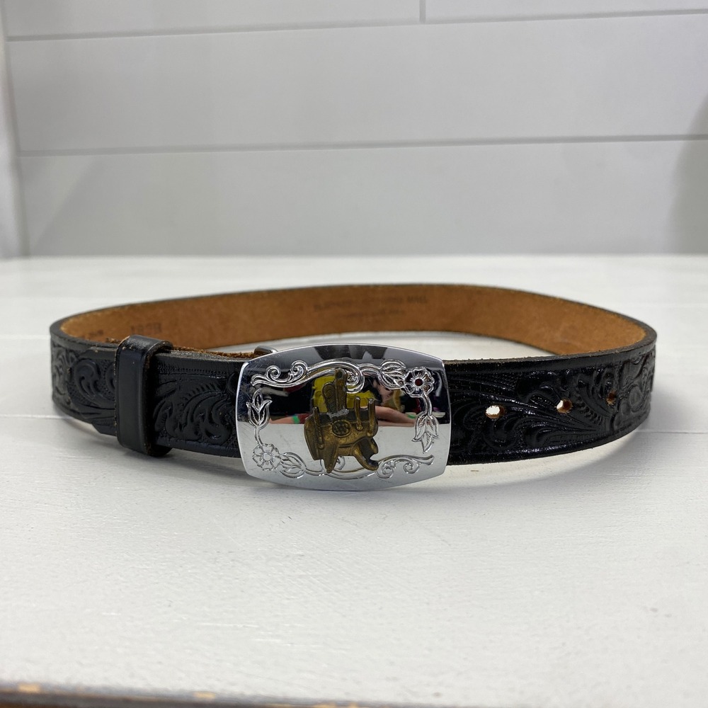 Justin Western Floral Tooled Leather Belt Kids Size 24 Black Cowboy Buckle vtg